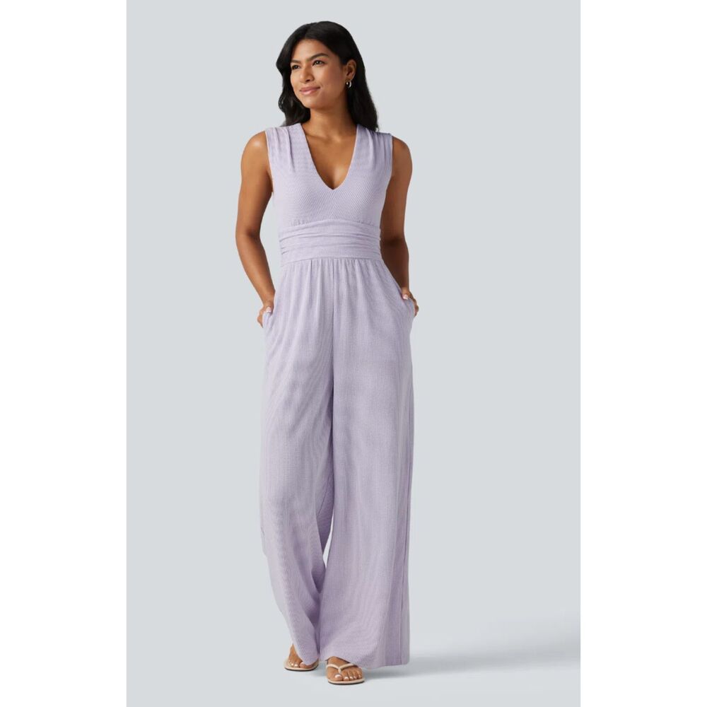 Halara V Neck Sleeveless Built-in Bra Stripe Casual Jumpsuit